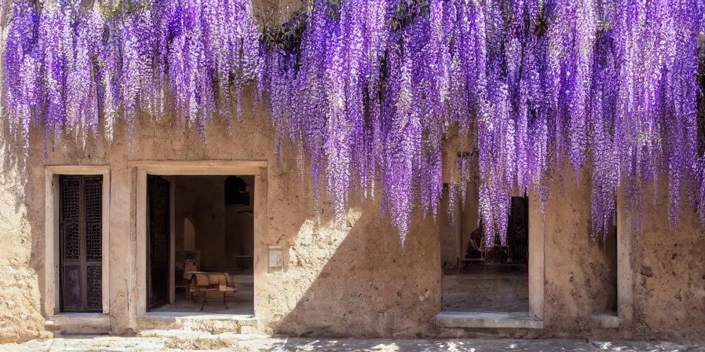 Prompt: photo of a ancient roman house with wisteria flowers, wallpaper, arhitectural shot, national geographic, award arhitectural photography, professional arhitectural photography, sunny, day time, beautiful, warm light, fernando guerra, tekla evelina severin, karen vikke