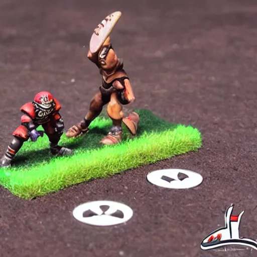 Image similar to blood bowl human catcher scoring touchdown on a desert pitch, looking into the camera, high quality photo,