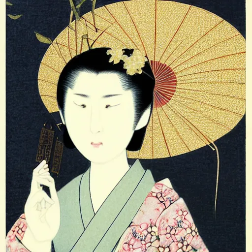 Image similar to geisha girl by ikenaga yasunari and ayana otake and ko rakusui, drawing, realistic, sharp focus, japanese, dreamy, nostalgia, faded, golden hues, floral clothes