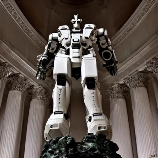 Prompt: mecha, giant robot, by bernini, by michaelangelo, white marble statue, nighttime, stunning, baroque art