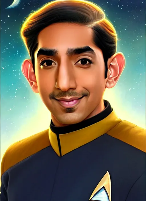 Prompt: cute star trek officer dev patel, natural lighting, path traced, highly detailed, high quality, digital painting, by don bluth and ross tran and studio ghibli and alphonse mucha, artgerm