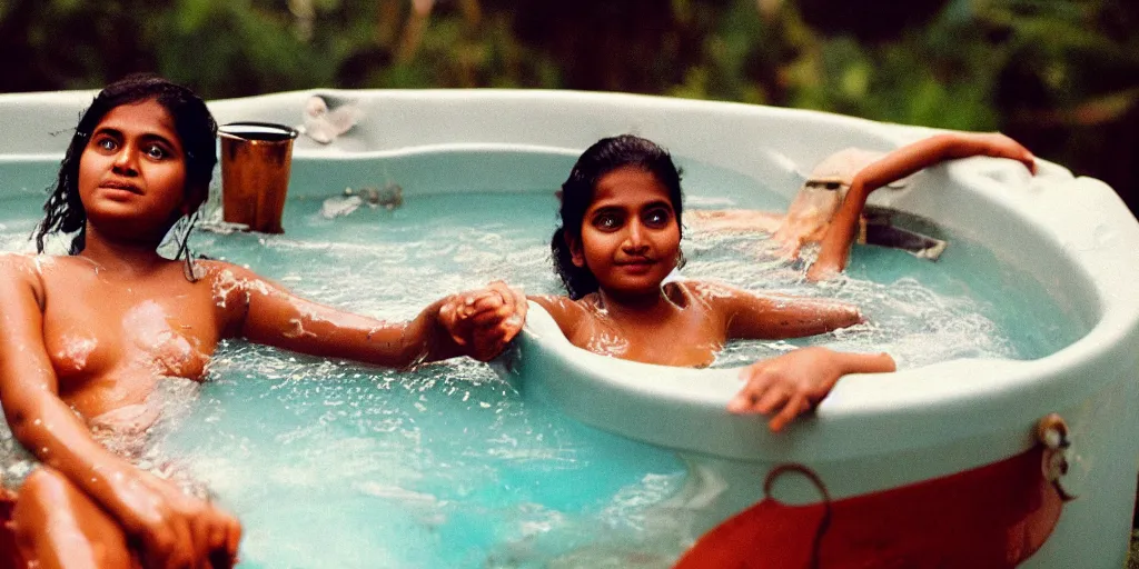 Image similar to sri lankan girl in a hot tub, film still, bubbles