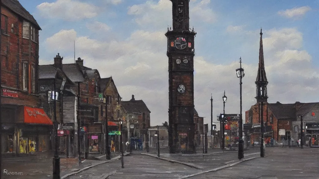 Image similar to Royton town centre clock tower in Oldham, highly detailed oil painting, epic fantasy art, abstraction, masterpeice, 8k