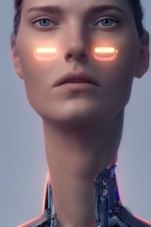 Prompt: realistic human face, even proportions, beautiful, machine attachments, integration, natural cyborg, sensors, screens, oled, vibrant, scan, positive, utopia, warm colors, bright, diagnostics, data visualization, high resolution, hdr, octane, digital art