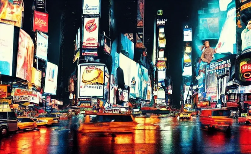Image similar to a tuk tuk in times square at night, blade runner 1 9 8 2 city, futuristic dystopian city, falling rain, neon, industrial fires and smog
