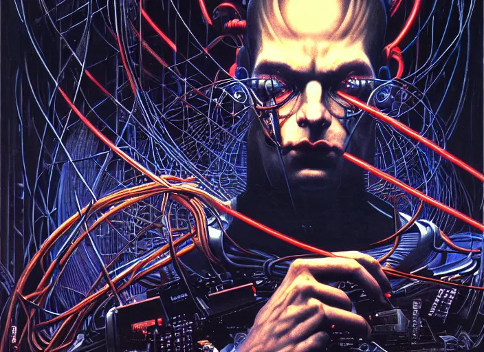 Prompt: dark cyberpunk man coding, a lot of cables around by ayami kojima, by francis bacon, by amano, by karol bak, greg hildebrandt, by mark brooks, by alex grey, by zdzisław beksinski, by takato yamamoto, vintage style, high resolution, ultra detailed, wide shot symmetry portrait