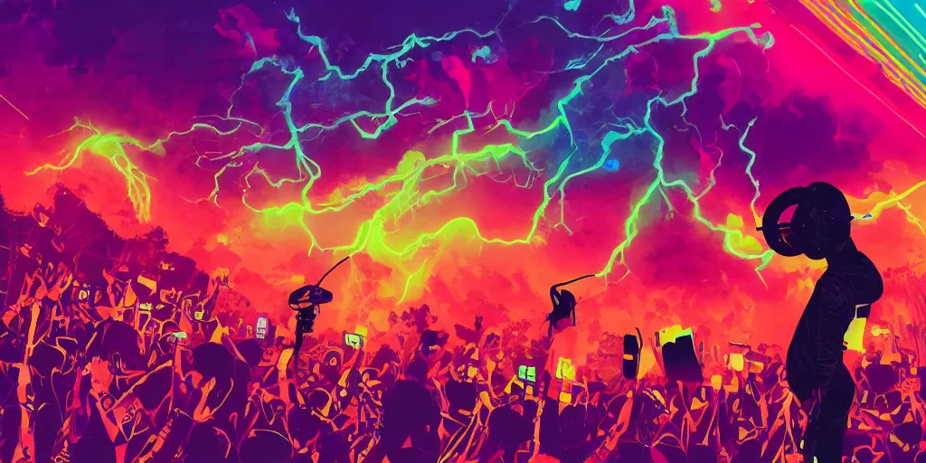 Image similar to rapping into microphone silhouetted against psychedelic lightning, silhouettes, huge crowd, digital art, vapor wave, hip hop, graffiti, trending on Artstation, professional artist, detailed, 4k