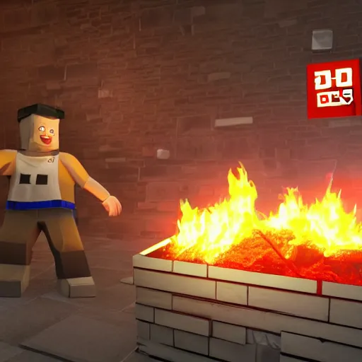 Image similar to roblox servers on fire, 3 d render, super realistic, unreal engine 1 0