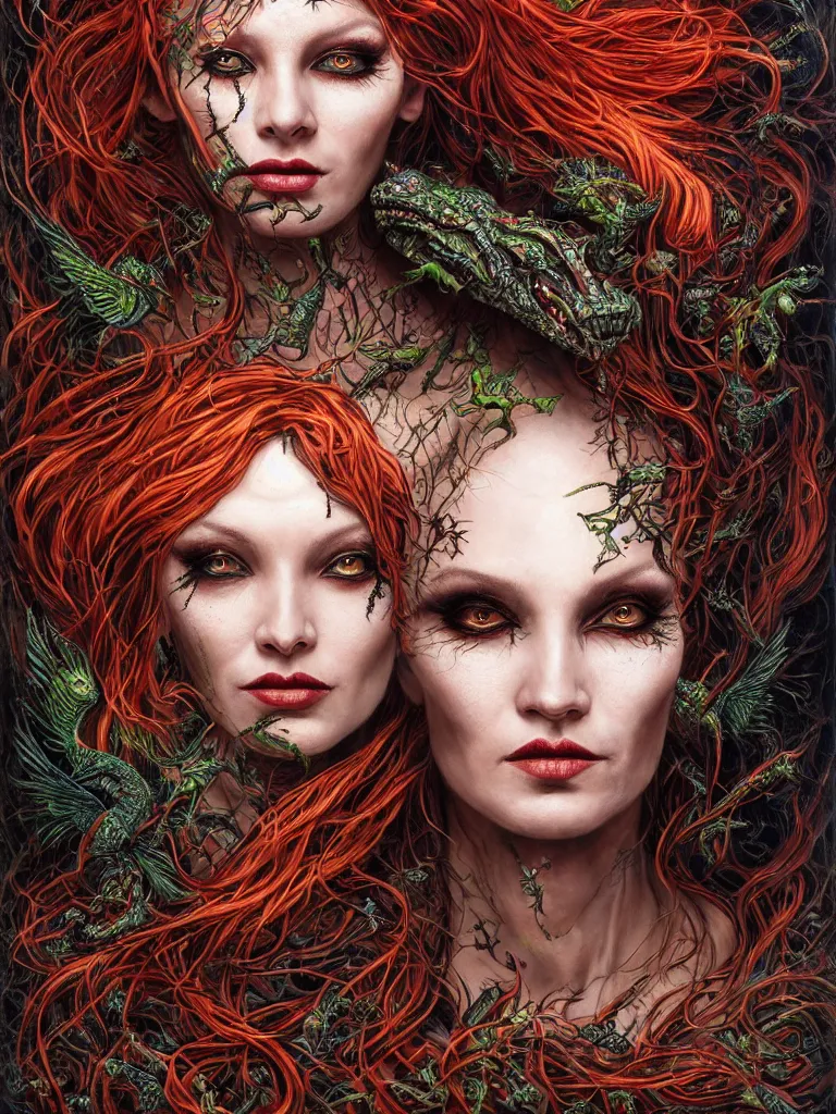 Prompt: single face portrait. complex hyper-maximalist overdetailed cinematic cosmic scifi portrait of an elegant very attractive but wild and dangerous reptilian goddess by andrei riabovitchev, tomasz alen kopera, oleksandra shchaslyva. Omnious intricate. Secessionist portrait illustration. Poison goddes. Slightly Reminds to poison ivy. Focus on face. Artstation. Deviantart. 8k 4k 64megapixel. Rendered by binx.ly.