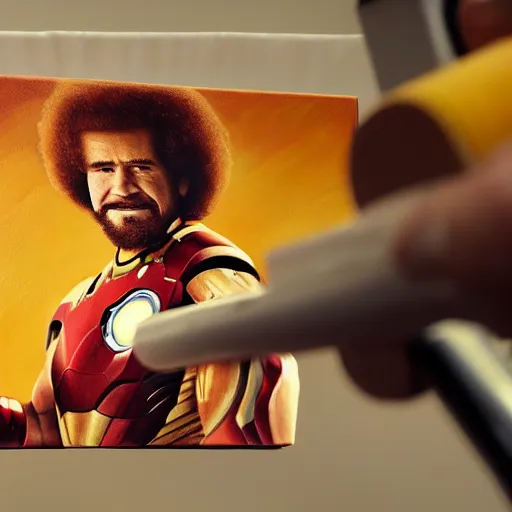 Prompt: a closeup photorealistic photograph of bob ross working on a canvas painting of himself dressed as iron man. lit studio, mountain scape. film still, vibrant colors. this 4 k hd image is trending on artstation, featured on behance, well - rendered, extra crisp, features intricate detail, epic composition and the style of unreal engine.