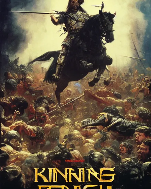 Prompt: Movie poster of The Ranking of Kings, Highly Detailed, A master piece of storytelling, wide angle, cinematic shot, Battle, highly detailed, cinematic lighting, by frank frazetta + ilya repin , 8k, hd, high resolution print