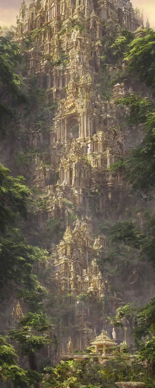 Image similar to large temple on a platform stretching over the mountains, an amazing blooming oasis, fantasy, intricate, elegant, highly detailed, digital painting, artstation, concept art, smooth, sharp focus, illustration, art by artgerm and greg rutkowski and alphonse mucha