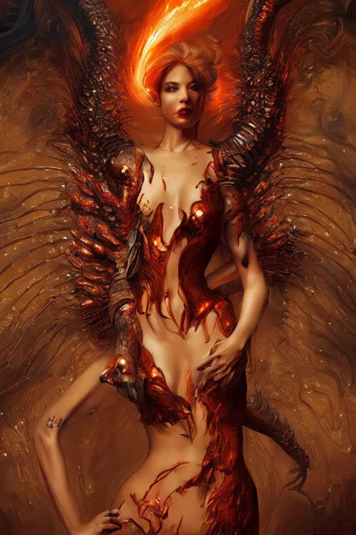 Prompt: photography torso closeup model wearing exploding fire dragon skin dress, sorcerer, diamonds, angel, fantasy, dramatic lighting, d & d, highly detailed, digital painting, holding electricity, magic the gathering, hyper detailed, 3 d render, hyper realistic detailed portrait, peter mohrbacher, wlop, ruan jia