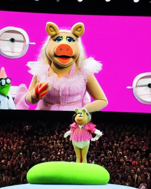 Image similar to miss piggy giving a ted talk on stable diffusion to an audience of muppets about the future of image generation. on the giant video screen behind miss piggy is picture of salvador dali sitting on an avocado toilet, photorealistic, ted talks, muppets