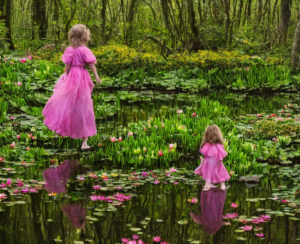 Image similar to a hobbit girl backlit carrying flowers near a mirror like pond, by martin parr, colorful clothing, springtime flowers and foliage in full bloom, lotus flowers on the water, dark foggy forest background, sunlight filtering through the trees, 3 5 mm photography