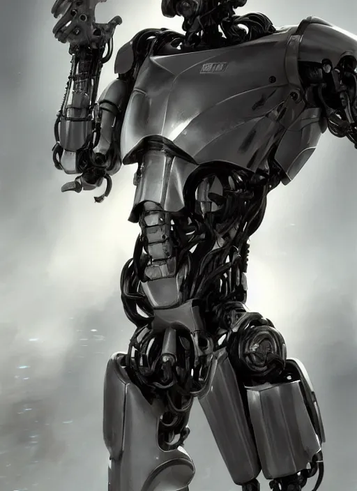 Image similar to cyborg, borg, android, strogg, face of a man, body of a robot, droid, robocop, terminator, machine, flesh, octane render, from a video game, concept art by ruan jia