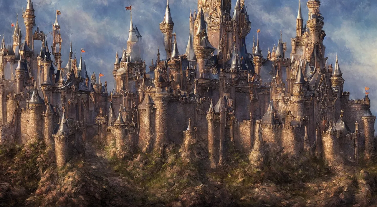 Image similar to disney fantasy castle. Jean-Baptiste Monge and Alex Ross a artwork of a gothic revival castle. fantasy castle, trending on artstation