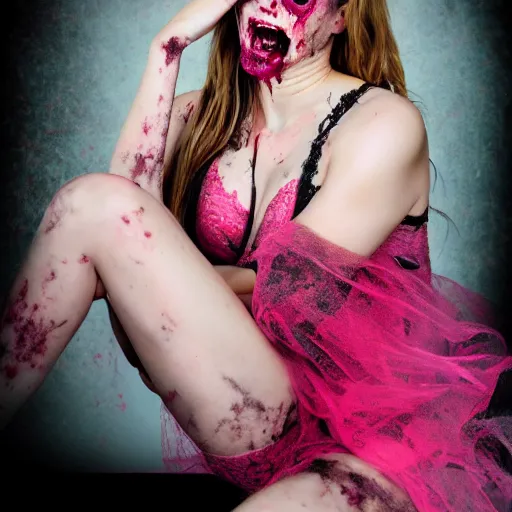 Image similar to a dirty grungy zombie girl wearing pink lace victoria secret, studio portrait,