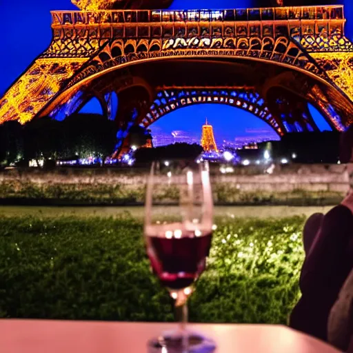 Image similar to a rabbit drinking wine in a cafe in Paris, the eiffel tower is visible in the background, it is night time, there are two humans sitting behind the rabbit