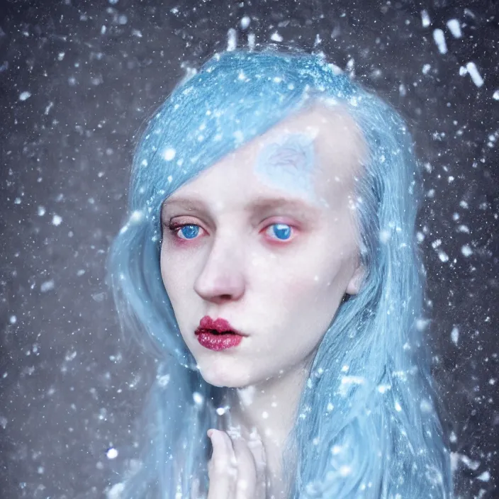 Prompt: a sickly looking young woman dying of hypothermia, with very white skin and pale blue hair wearing a long highneck dress made out of snowflakes in the middle of a heavy snowstorm. pale light blue lips. full body digital portrait by maromi sagi
