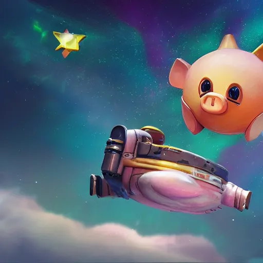 Prompt: 3D Fantasy Cute and adorable piggy spacecraft flying through space, bright stars, Smooth 3D Illustration, soft render, Servando Lupini, Daniil Kudriavtsev, handpaint texture, Blender, 3DCoat