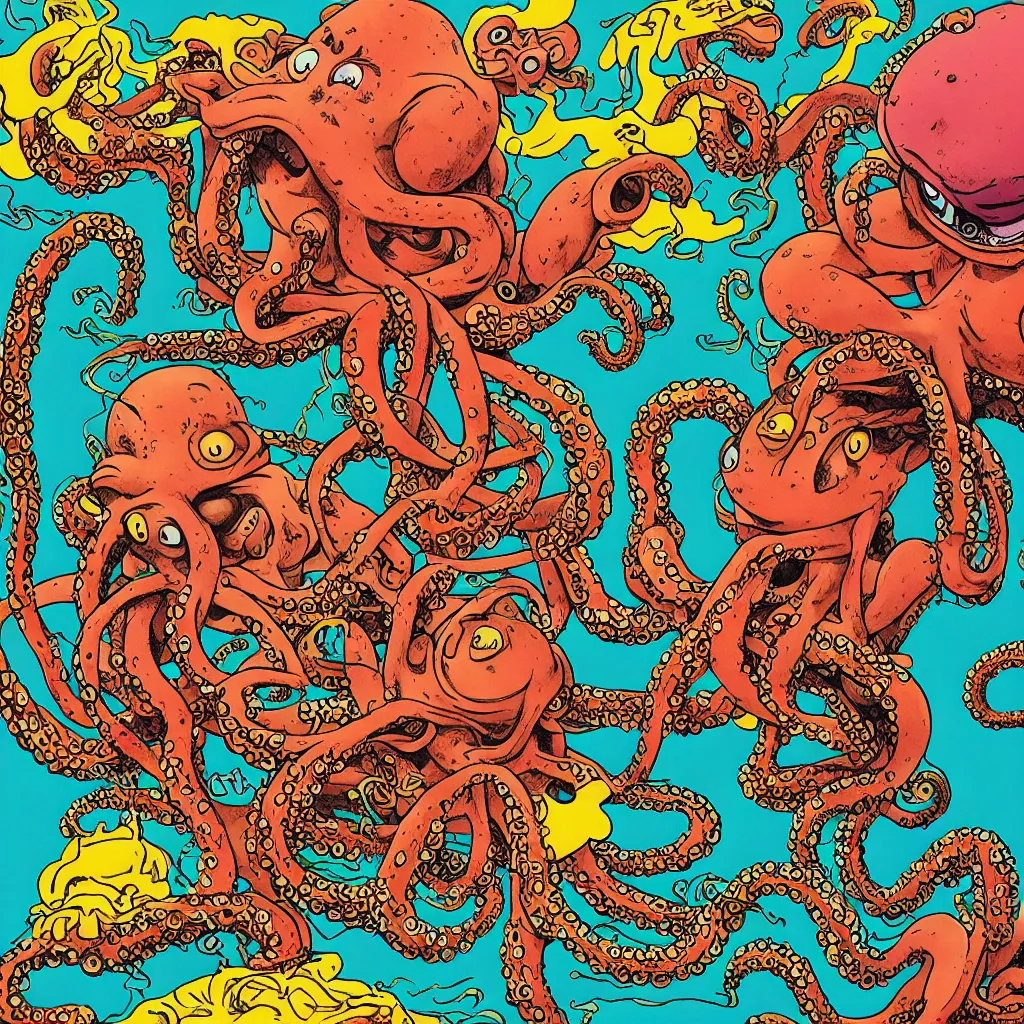 Prompt: cheech and chong as octopus, smoking a thick cigar, multicolored, robert crumb style, 8 k