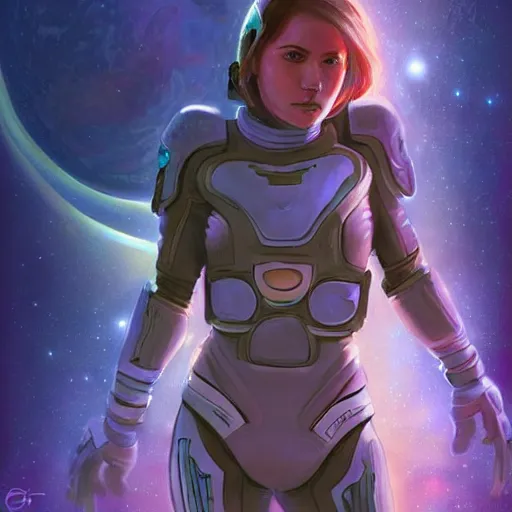 Image similar to Female space warrior in spaceship interior, Earth in the background, blurred, intricate, upper body, concept art, smooth, sharp focus, illustration, dramatic lighting, cinematic, highly detailed, very realistic, Artstation, Cgsociety, digital painting, art by Artgerm and James Gurney