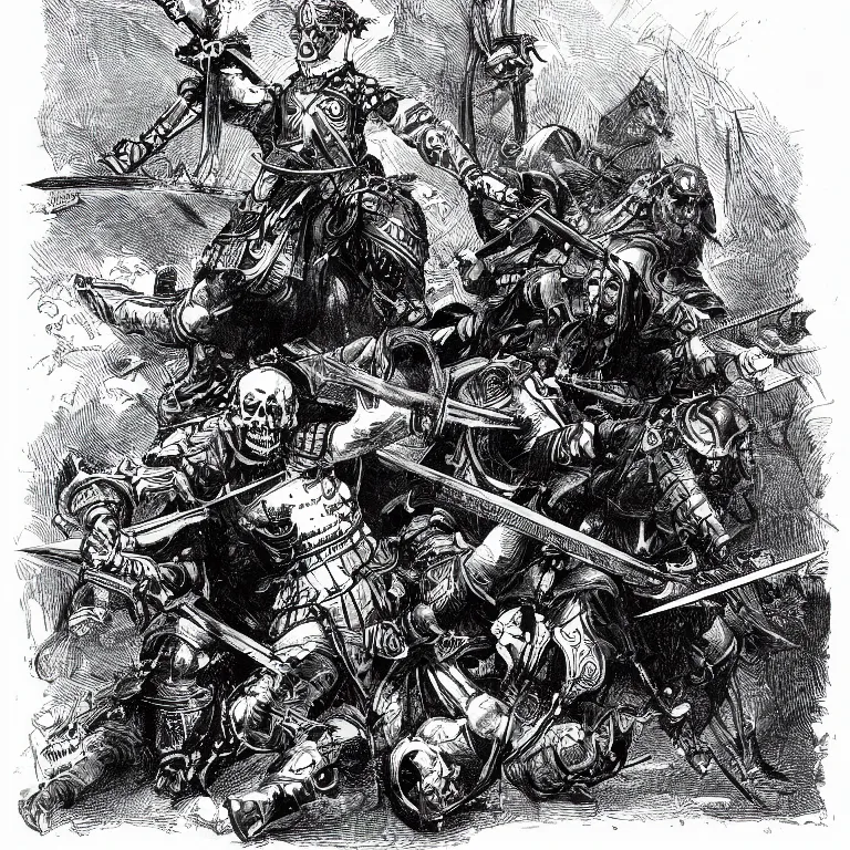 Image similar to a walther caspari illustartion in lustige blatter in 1 8 9 9 of a barbarian armored with swords and metal skulls, black and white pen an ink drawing