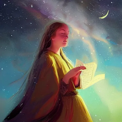 Image similar to A beautiful illustration of a young girl with long flowing hair, looking up at the stars. She appears to be dreaming or lost in thought. mariachi, medieval parchment by Scott Naismith, by Lorenz Hideyoshi, by Michael Whelan vfx, beautiful