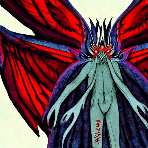 Image similar to 4K headshot of mothman holding something and bloody clothes with giant wings , intricate face , flawless anime cel animation by Kentaro Miura,psychedelic , highly detailed upper body , professionally post-processed , beautiful, scary, symmetry accurate features, epic, octane rendered, anime masterpiece, accurate