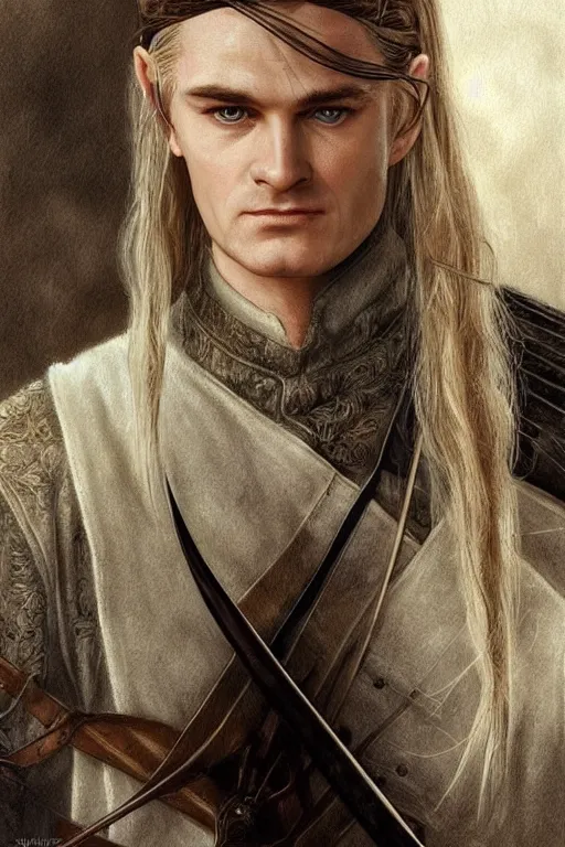 Prompt: Legolas from Lord of the Rings, diffuse lighting, fantasy, intricate, elegant, highly detailed, lifelike, photorealistic, digital painting, artstation, illustration, concept art, smooth, sharp focus, art by John Collier and Albert Aublet and Krenz Cushart and Artem Demura and Alphonse Mucha