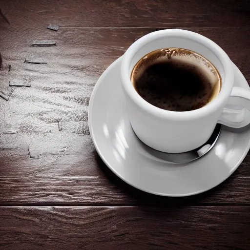 Image similar to : sloppy old cup of coffee with coffee flyingout the cup unrealengine ,cinematic, hyper realism, high detail, octane render, 8k