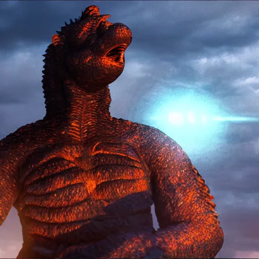 Prompt: Gojira pondering his Orb, Unreal Engine 5, HDR