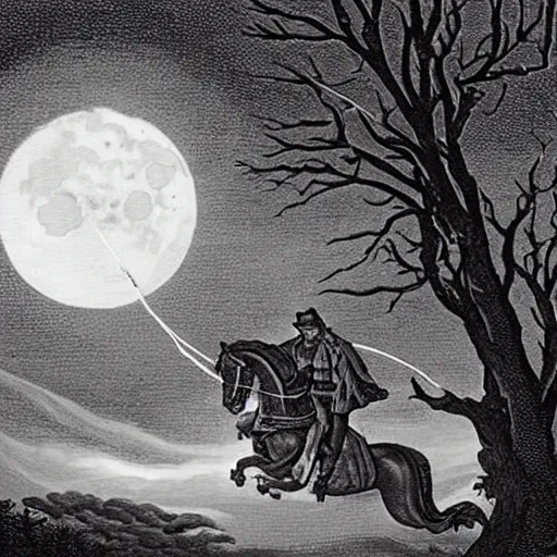 Image similar to The wind was a torrent of darkness among the gusty trees.    The moon was a ghostly galleon tossed upon cloudy seas.    The road was a ribbon of moonlight over the purple moor,    And the highwayman came riding—          Riding—riding— The highwayman came riding, up to the old inn-door.