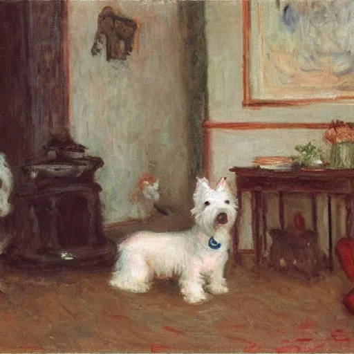 Image similar to a westie dog throwing up on the floor of a living room while a family watches by monet