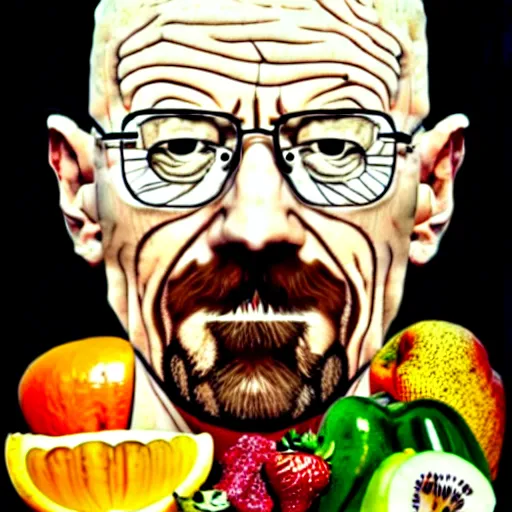 Image similar to walter white in the style of giuseppe arcimboldo, only fruits and veggies