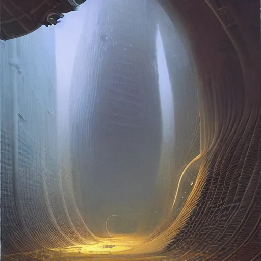 Prompt: epic alien jungle by zdzisław beksinski, greg rutkowski inside a giant futuristic factory by zaha hadid, inspired by the movie inception