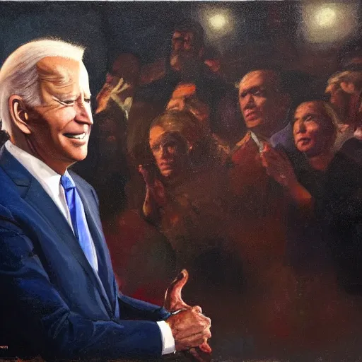 Image similar to Biden staring off into a crowd of people cheering, it’s nighttime, oil painting