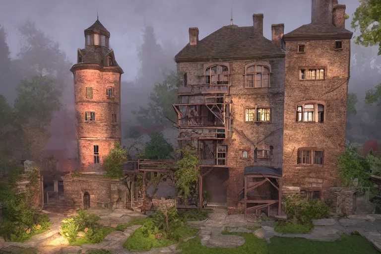 Image similar to mill of the mansion, art by den beauvais and rudolph belarski and thomas kidd, trending on artstation, iridescent pink lighting product view blueprint, narrative realism, featured on artstation, unreal engine 5, brocade