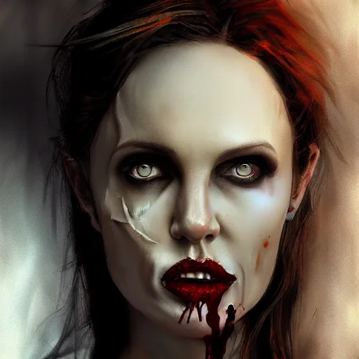 Image similar to a zombie Angelina Jolie, by WLOP, horror, wounds, bloody, dark fantasy, trending on artstation