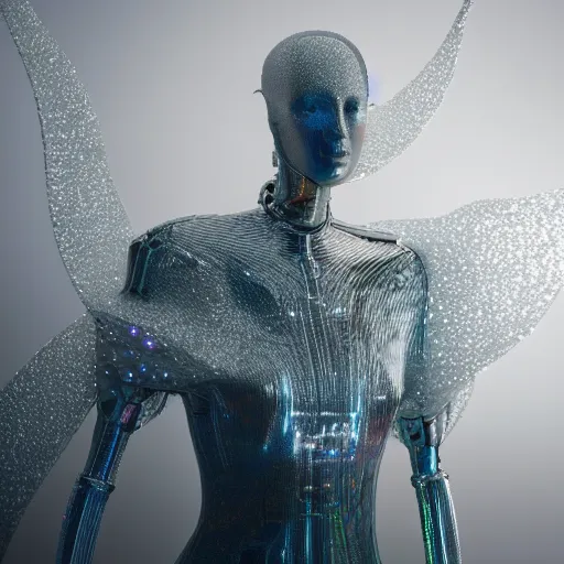 Prompt: , full body cyborg fashion by erik johansson, white pearlescent, chrome, iridescent metals, liquid gold, biomechanical garment, cinematic, crystalline masterpiece diamond incrustations, hyperdetailed metalwork, in volumetric soft glowing mist, movie still, octane render, pixar,