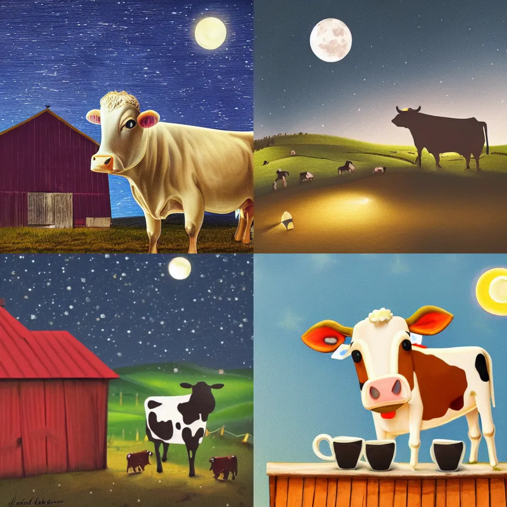 Prompt: A COW DANCING ON A BARN IN THE MOONLIGHT THAT IS ENJOYING A CUP OF TEA