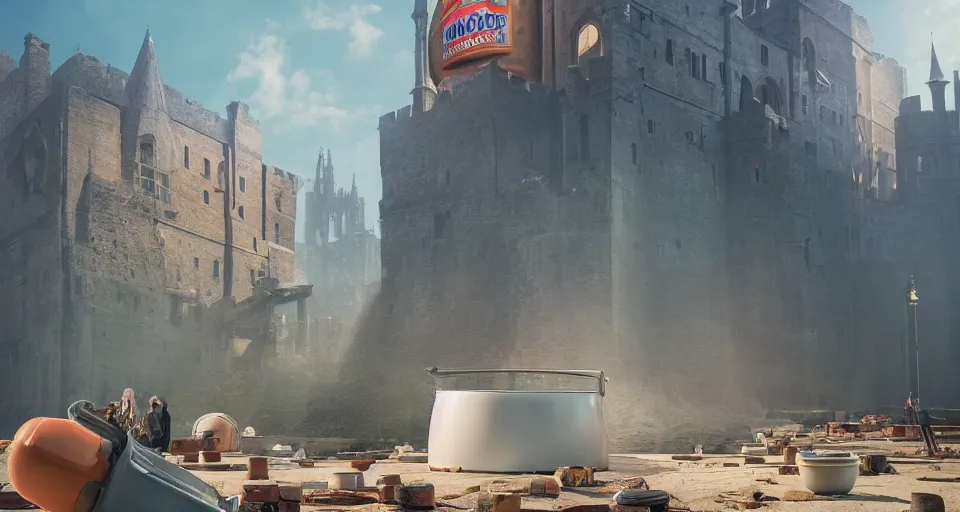Image similar to A GIANT HUGE campbell soup can crashed right in the middle of a Medieval city, Soup can crashed into a castle rendered by Beeple, environment concept, digital art, unreal engine, 3 point perspective, trending on artstation, low level, 4K UHD image, octane render,