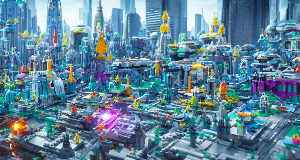 Image similar to sci - fi futuristic city made of lego bricks, pixar, disney 3 d, 8 k, octane render, still from lego movie