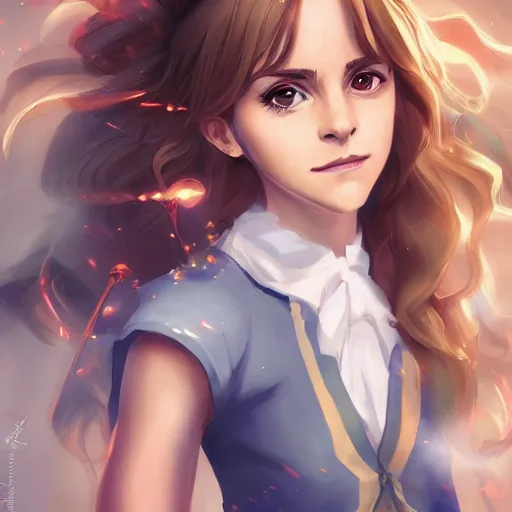 Image similar to anime portrait of Emma Watson as Hermione at Hogwarts holding her magic wand by Stanley Artgerm Lau, WLOP, Rossdraws, James Jean, Andrei Riabovitchev, Marc Simonetti, and Sakimichan, trending on artstation