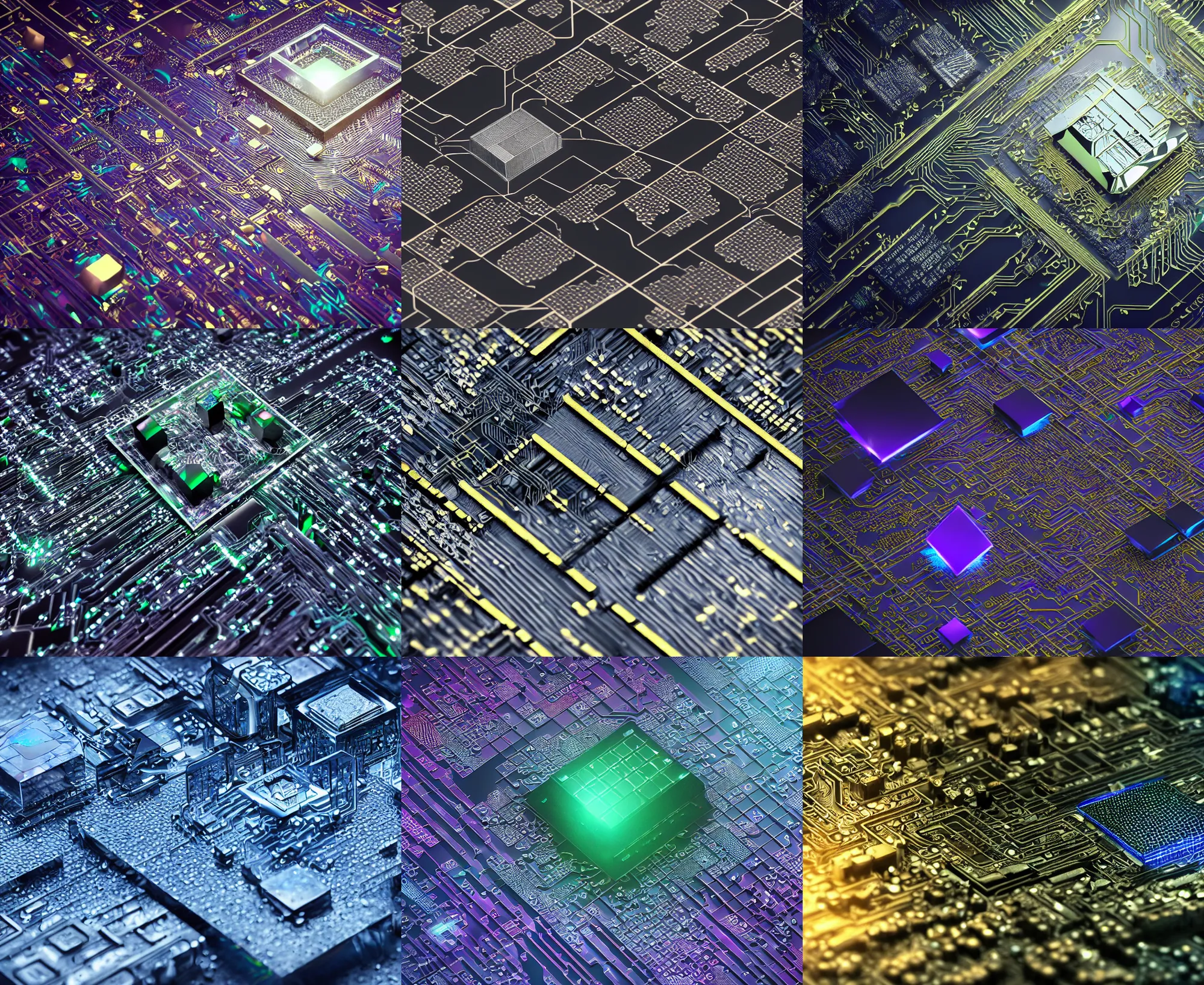 Prompt: circuit board processor block, 3 d ray - traced photorealistic concept render, moody beautiful colors, futuristic, squares, crystal nodes, sleek, shiny, high angle shot with sharp realistic intricate detail, iridescent glowing chips, black 3 d cuboid device, modular graphene, futuristic precious metals, treasure artifact