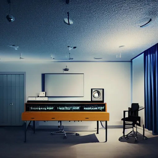 Image similar to a super cozy modern music studio at night with dark blue walls and ceiling leds, volumetric image beautiful composition