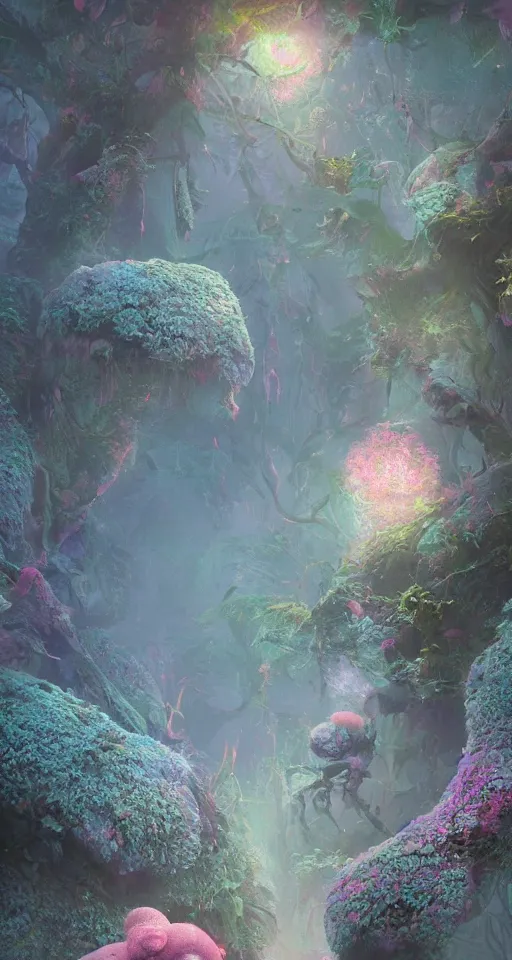 Image similar to a beautiful macro photography of moss with alien fungus, hyperdetailed, warm volumetric lights, pinks, blues, made by gerald brom and mike winkelmann