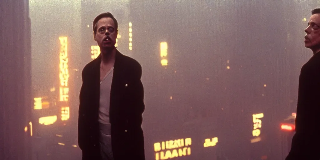 Image similar to beautiful cinematic film still of steve buscemi smoking a cigarette on a building top overlooking the rainy city in blade runner, 4 k