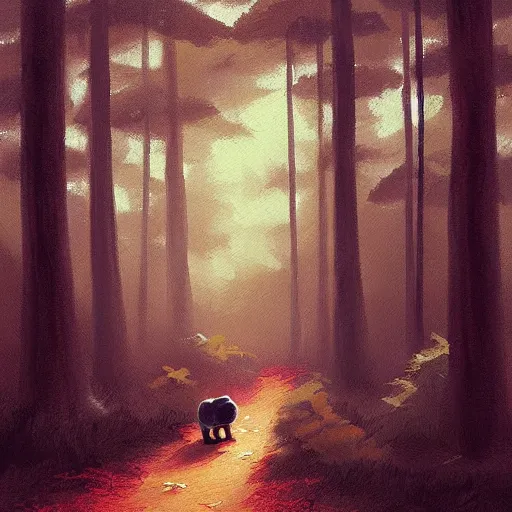 Image similar to a painting teddy bear walking in an ashy forest in the style of Andreas Rocha